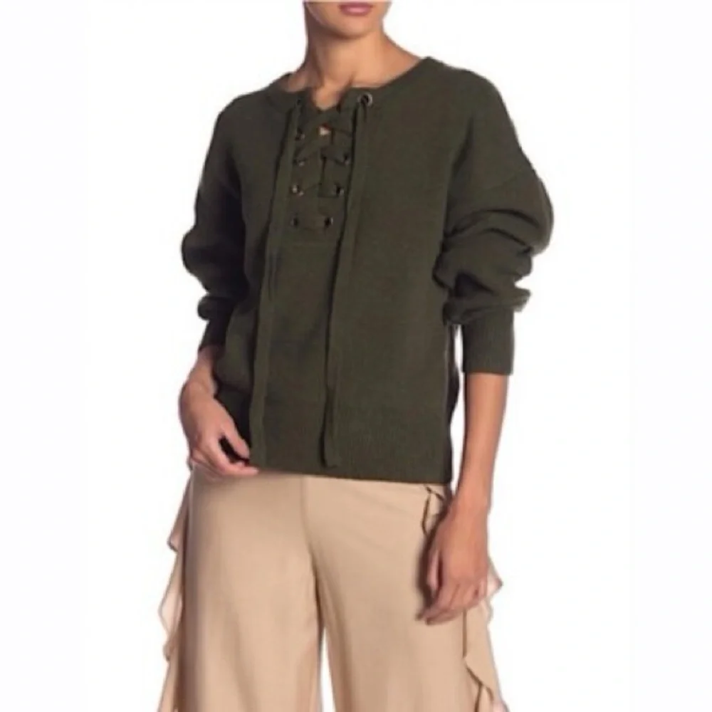 Endless Rose Olive Lace-Up Crewneck Sweater